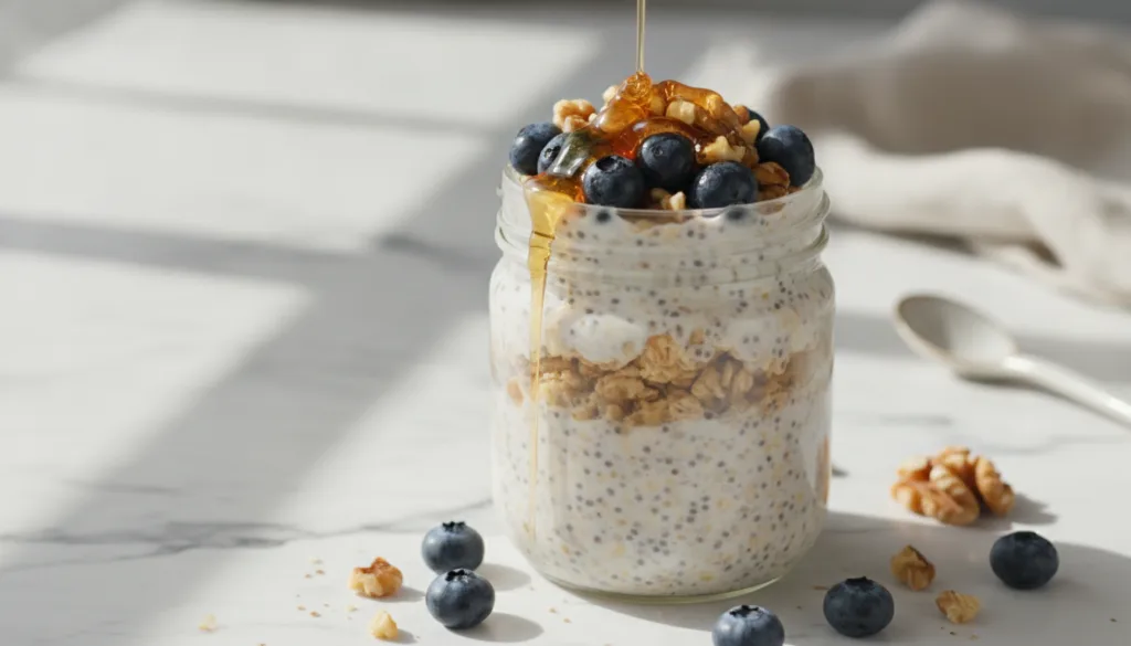 A beautifully presented jar of Princess Diana s Protein Oats topped with fresh blueberries walnuts and a drizzle of hone