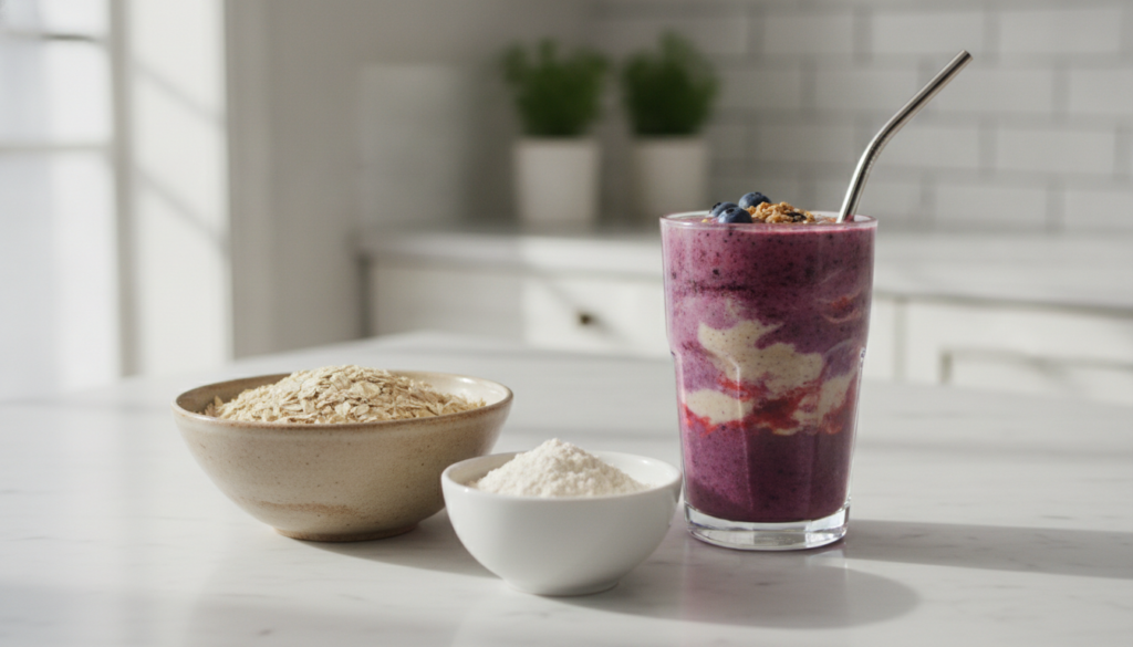 A spread of rolled oats a bowl of homemade oat flour and a vibrant berry smoothie with oats