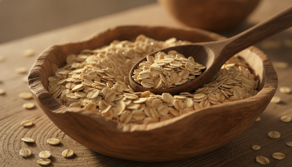 A close-up of golden rolled oats in a wooden bowl with a spoon suggesting a healthy start to the day Natural light highl