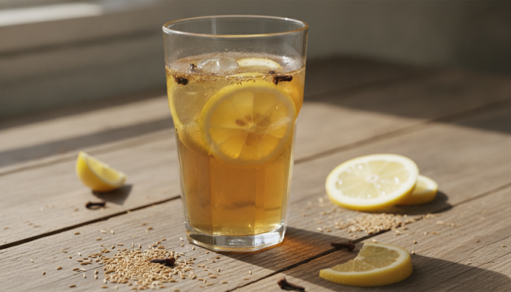 A close-up shot of a glass of the collagen-boosting drink with lemon slices cloves and cumin seeds scattered around on a