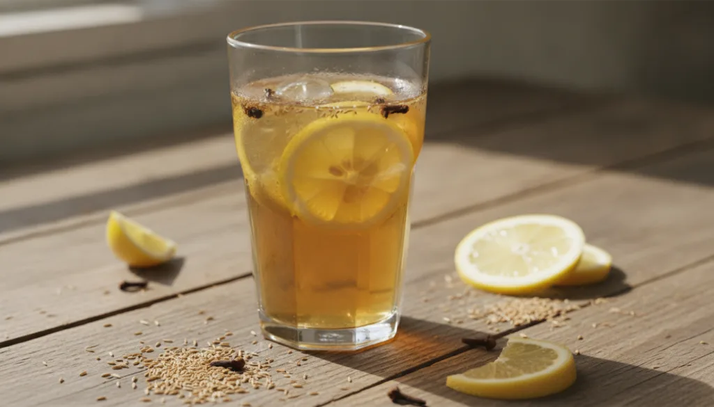 A close-up shot of a glass of the collagen-boosting drink with lemon slices cloves and cumin seeds scattered around on a