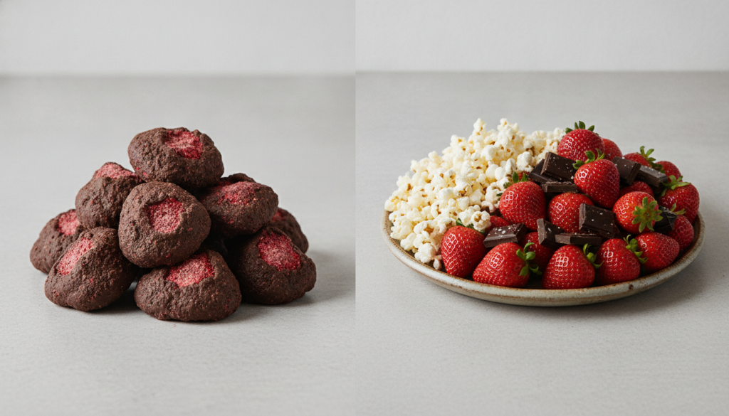 A visual comparison showing a small pile of freeze-dried dark chocolate strawberries next to a large plate filled with f
