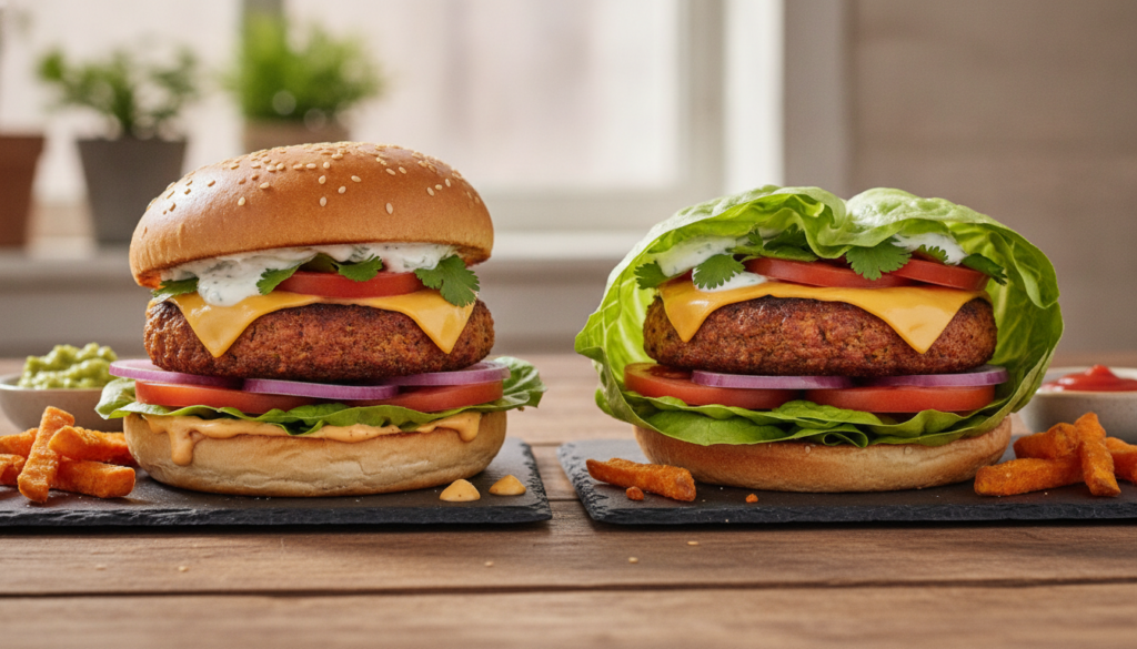 A side-by-side comparison of a vegan burger with a traditional bun and a vegan burger wrapped in lettuce Both look appet