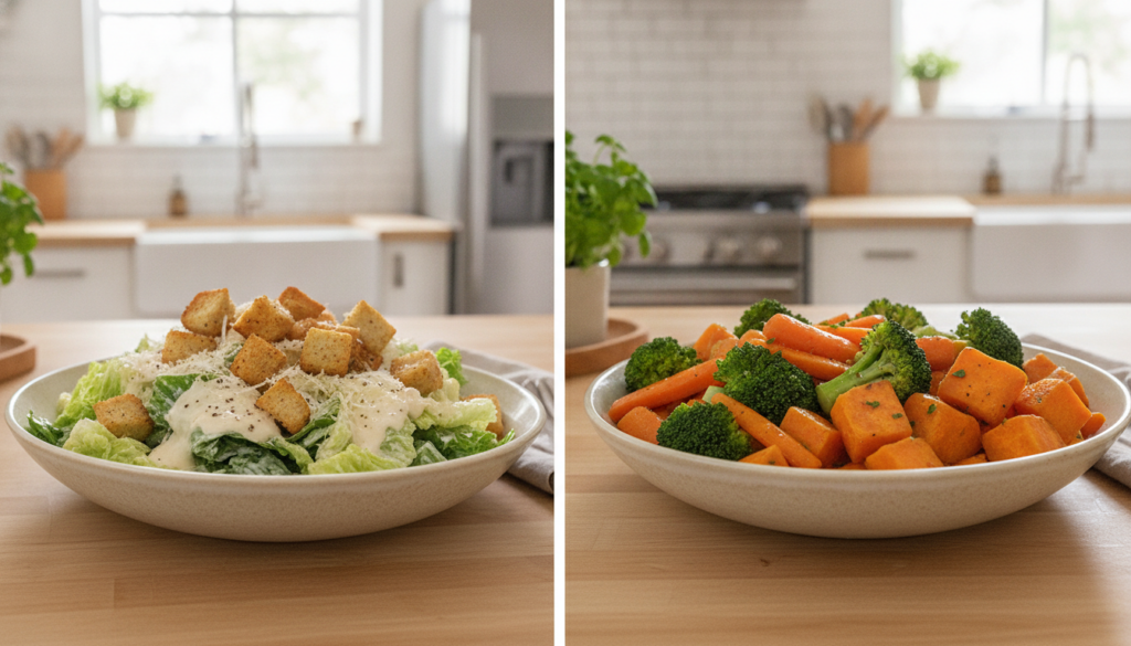 A side-by-side comparison of a Caesar salad and a bowl of boiled vegetables The Caesar salad looks rich with creamy dres