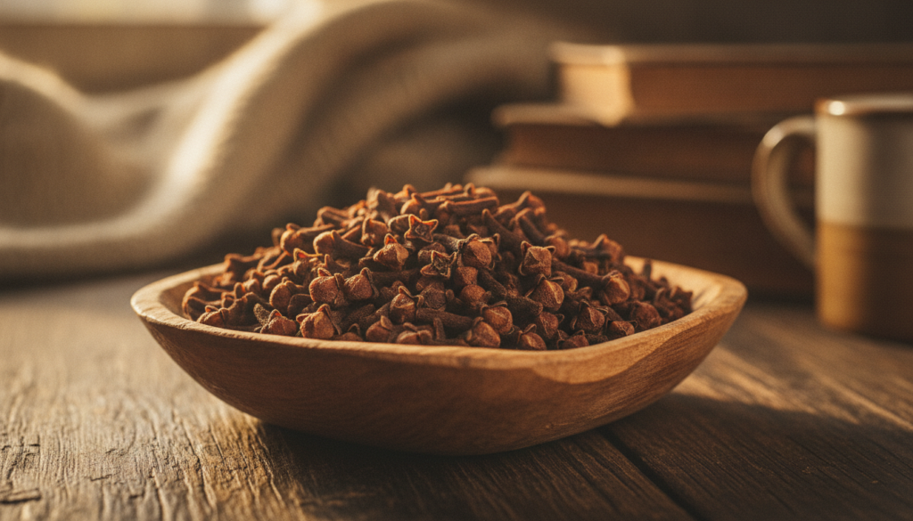 A close-up shot of dried cloves in a small rustic wooden bowl with a soft golden light illuminating them suggesting an a