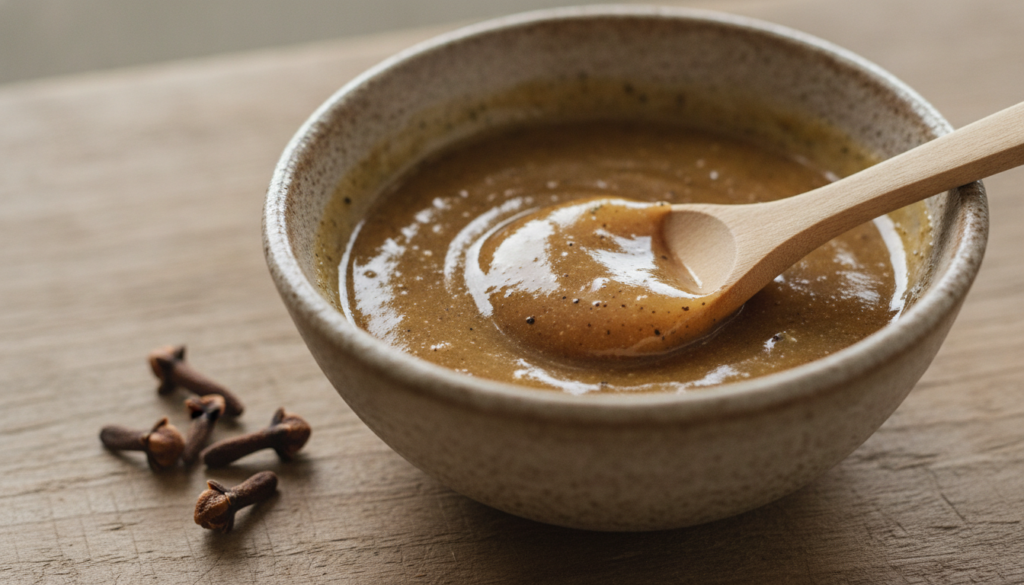 A close-up of a DIY face mask with visible clove powder and honey texture in a small bowl with a few fresh cloves and a