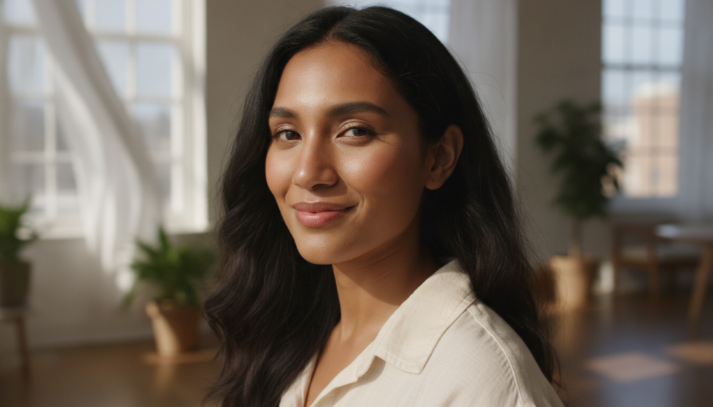 A woman with radiant clear skin smiling gently with a subtle glow implying the effects of natural skincare The backgroun
