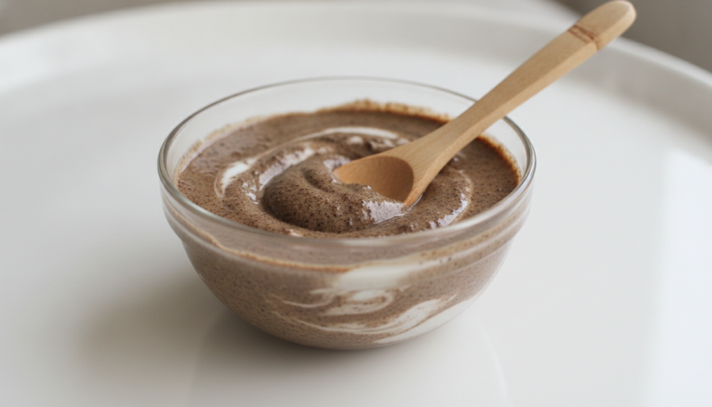 A small clear glass bowl containing the finished dark gritty coffee and yogurt face mask mixture with a spoon resting in