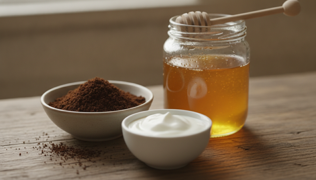Close-up shot of the ingredients a small bowl of fine coffee grounds a dollop of plain yogurt and a small jar of honey a