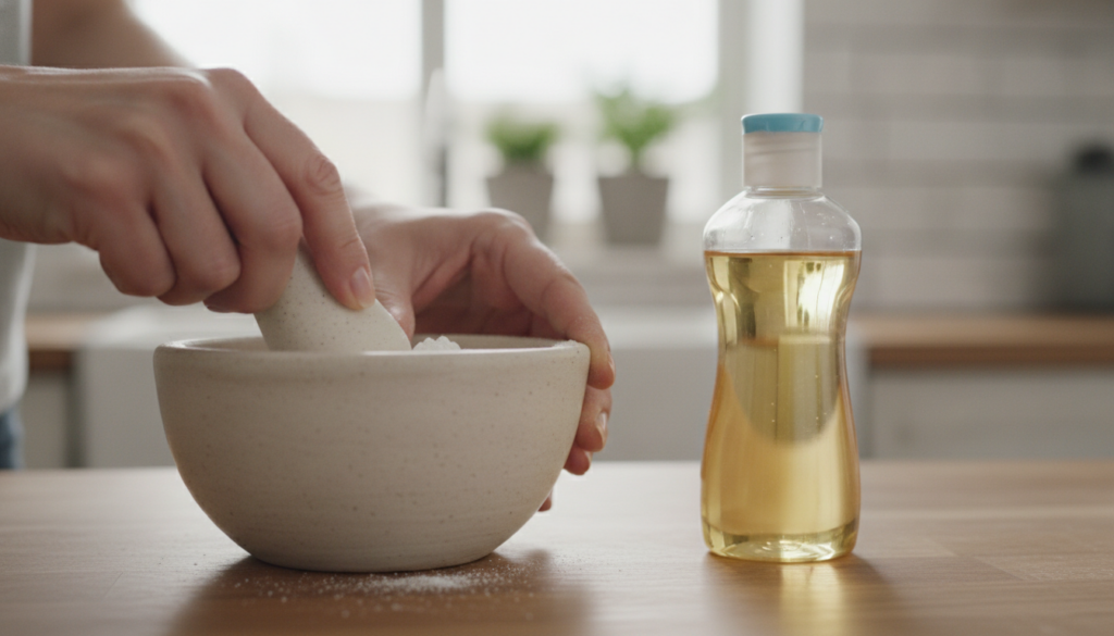Close-up of hands crushing a white pill into a fine powder using a mortar and pestle next to a small bottle of baby oil