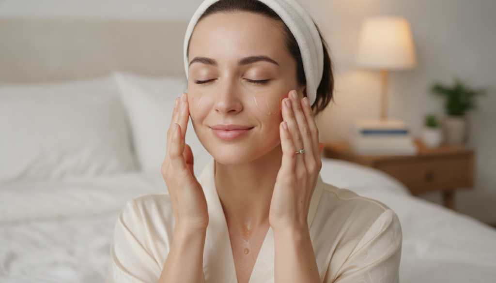 A woman gently massaging a small amount of oil onto her face at night with a soft glowing complexion