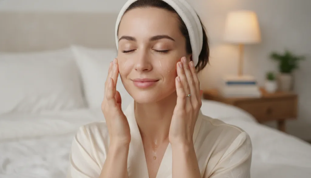 A woman gently massaging a small amount of oil onto her face at night with a soft glowing complexion