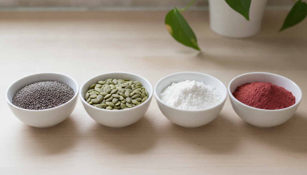 Various ingredients for the DIY collagen powder including separate bowls of chia seeds pumpkin seeds white plant-based p