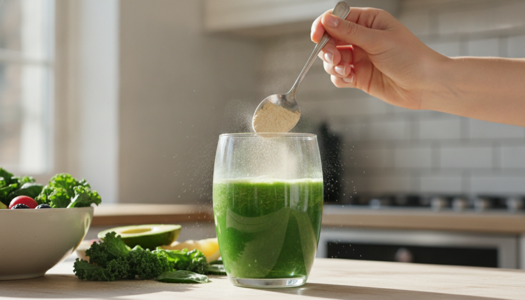 A hand stirring a spoonful of the homemade beauty powder into a glass of water or a smoothie showing the powder dissolvi