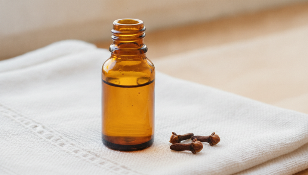 A small amber glass dropper bottle filled with golden infused oil placed next to a few whole cloves on a soft clean towe