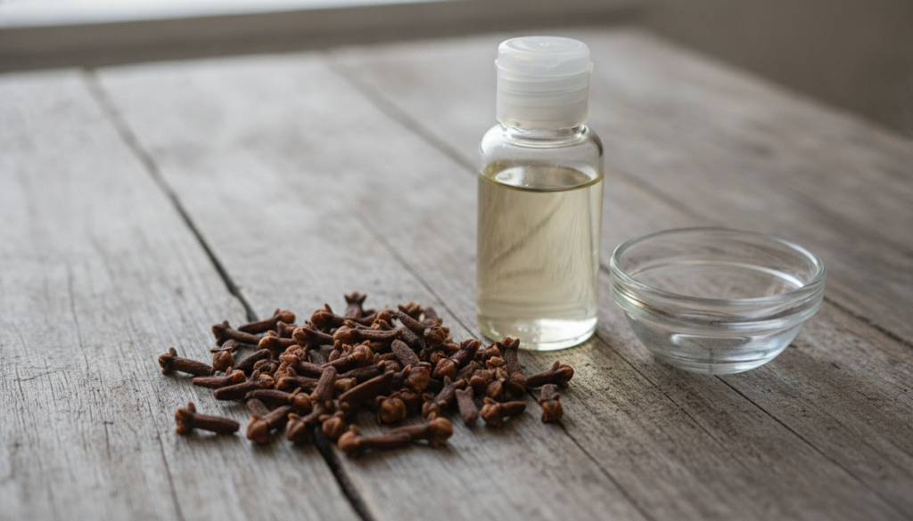 A close-up shot of whole cloves a small bottle of baby oil and a small glass bowl on a rustic wooden table suggesting na