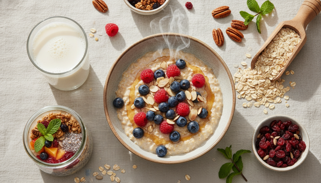 A vibrant flat lay showcasing various oat-based dishes and ingredients including a bowl of creamy oatmeal topped with fr