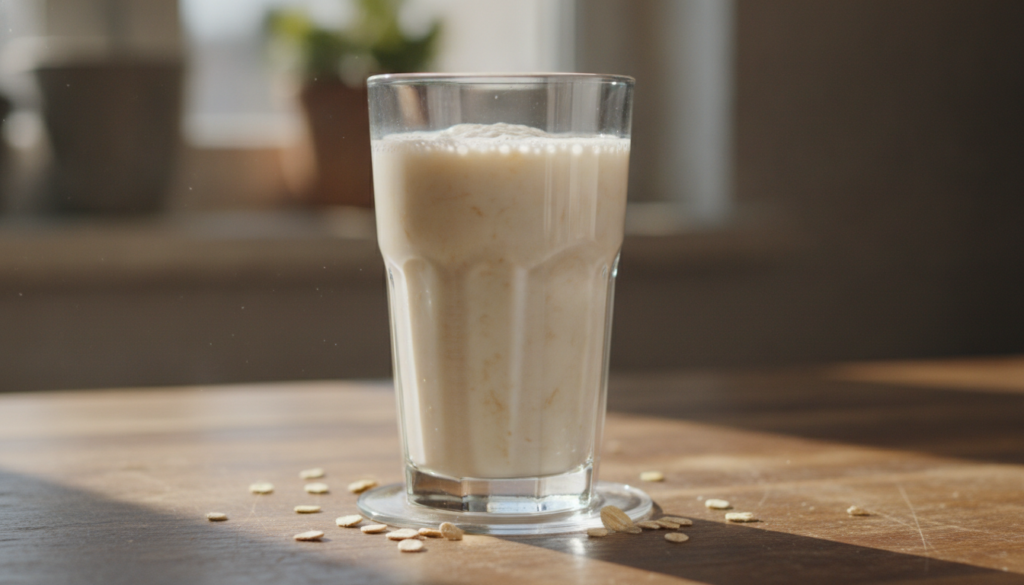A close-up shot of a glass of creamy homemade oat milk perhaps with a few rolled oats scattered around its base conveyin