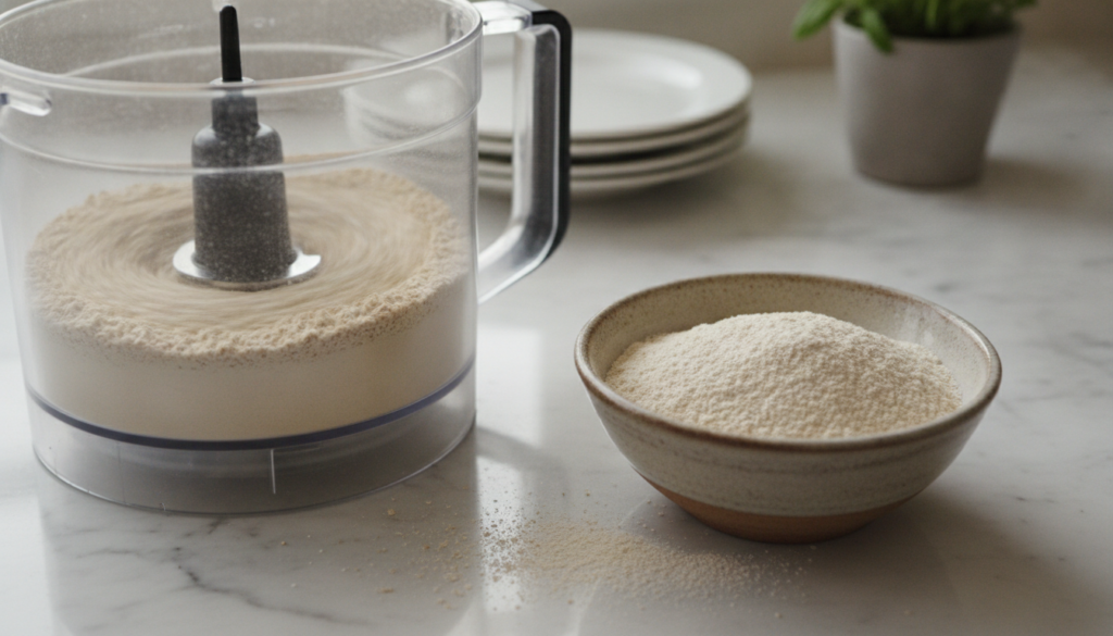 A close-up shot of a food processor blending rolled oats into fine oat flour with a small bowl of the finished flour nex