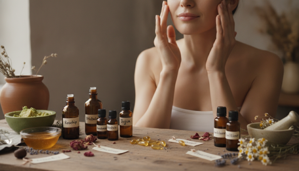 A woman gently massaging her face with a homemade oil surrounded by natural ingredients like vitamin E capsules and smal