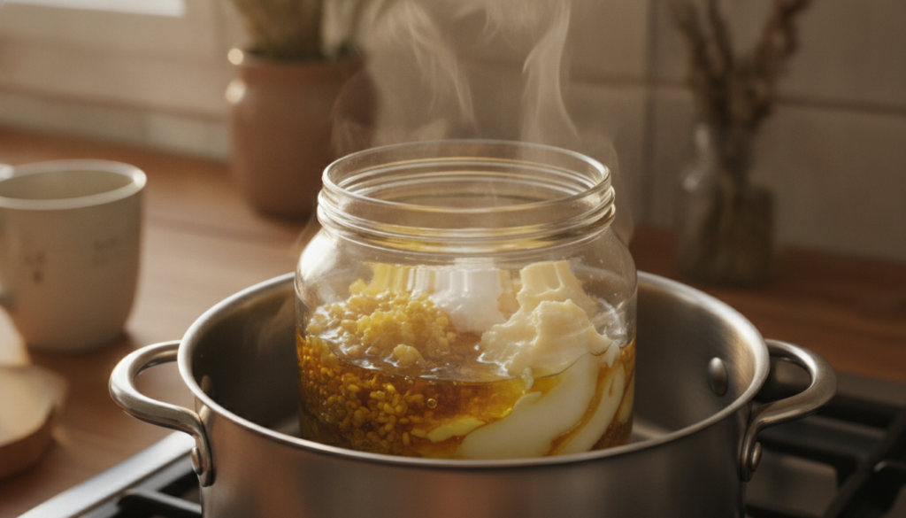 A close-up shot of beeswax coconut oil and shea butter melting together in a glass jar placed in a double boiler Steam g