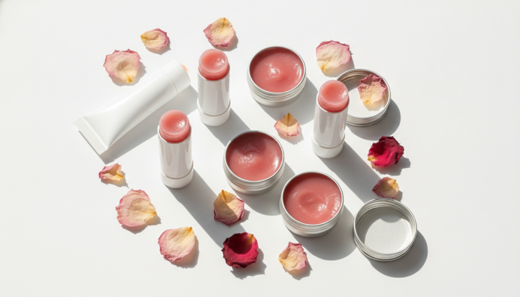 Several homemade lip balm tubes and small tins filled with a rosy pink balm neatly arranged on a white background with a
