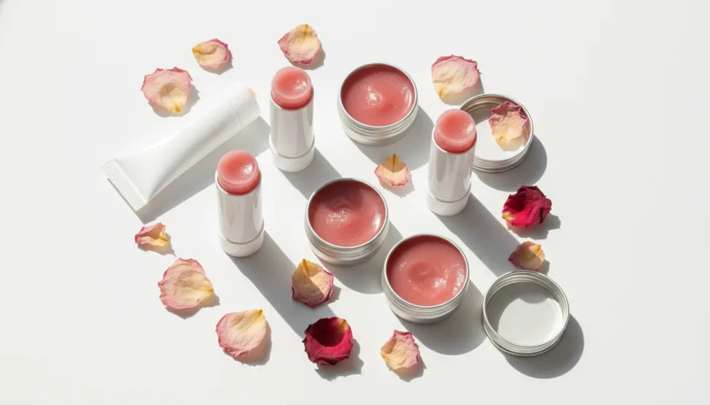 Several homemade lip balm tubes and small tins filled with a rosy pink balm neatly arranged on a white background with a