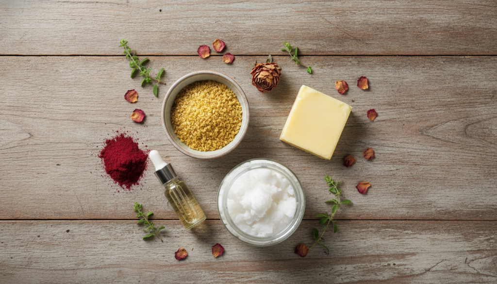 A flat lay of natural lip balm ingredients beeswax pellets coconut oil shea butter a small bowl of beetroot powder and a