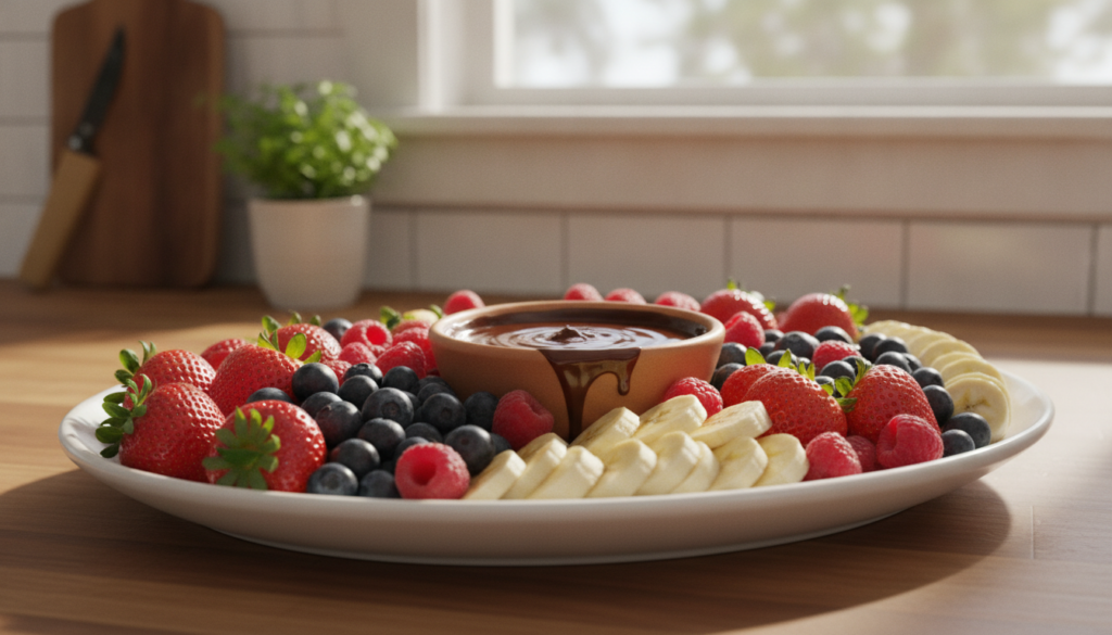 A vibrant platter of fresh fruits like strawberries blueberries raspberries and banana slices with a small bowl of rich
