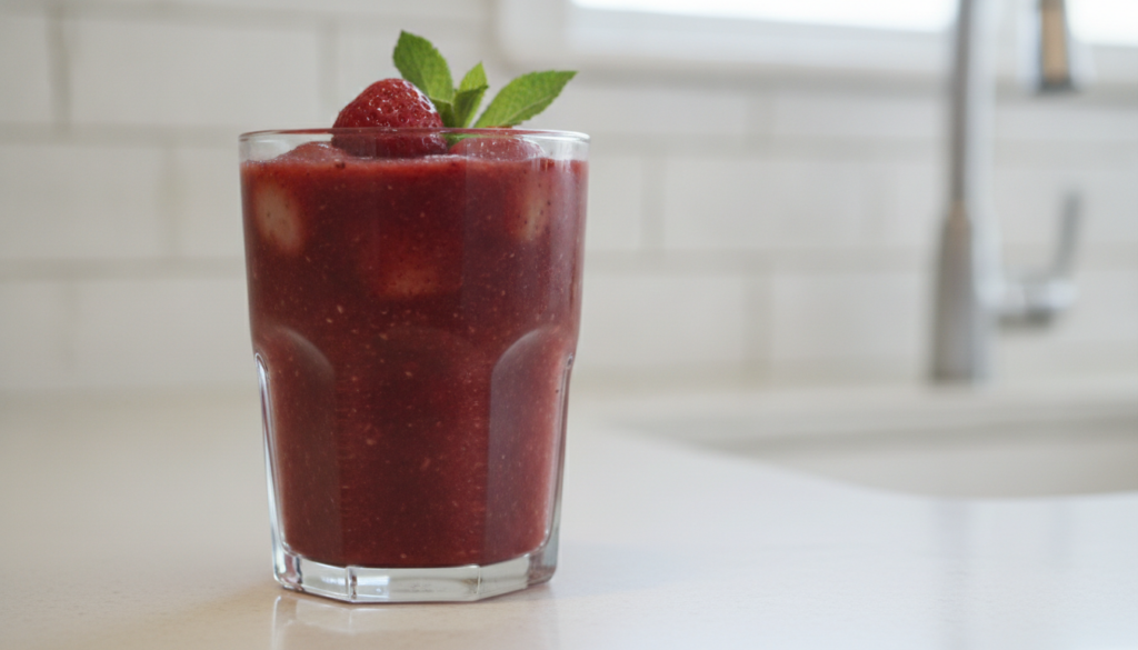A vibrant red strawberry and oat smoothie in a clear glass garnished with fresh strawberries and mint leaves on a light
