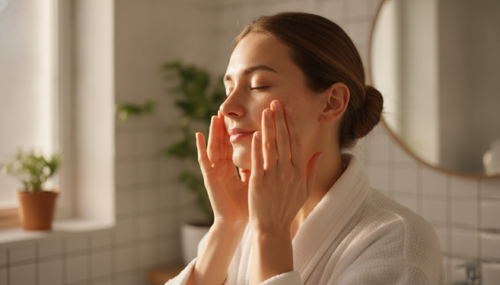 A woman gently patting rice water onto her face with her hands looking refreshed and happy