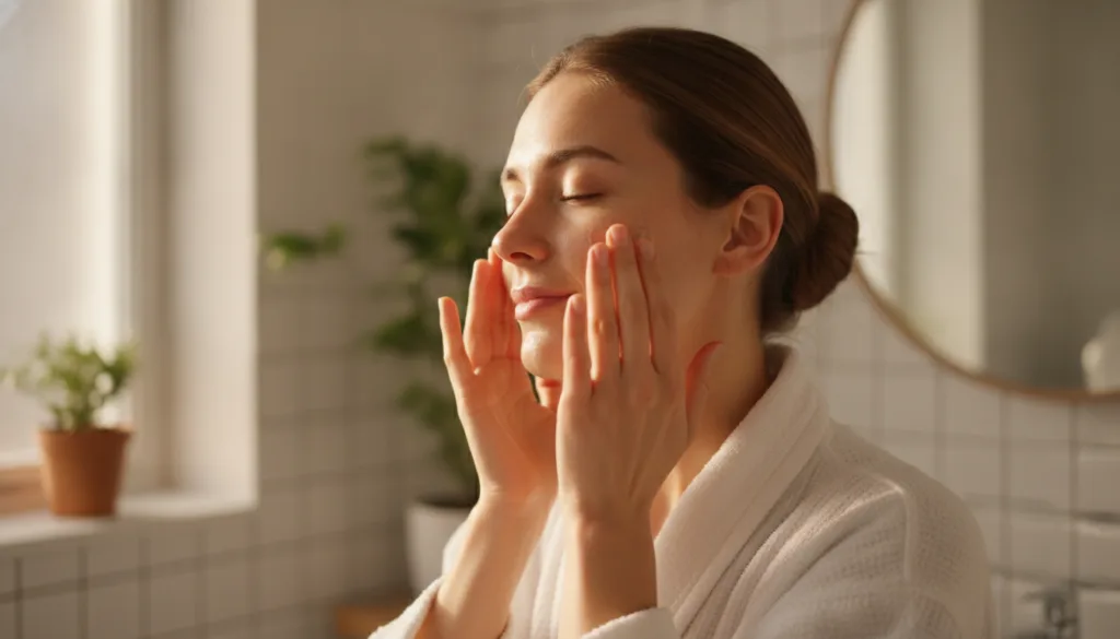 A woman gently patting rice water onto her face with her hands looking refreshed and happy