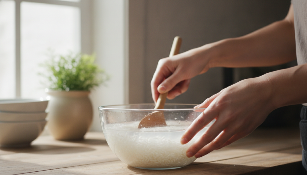 Hands preparing rice water in a kitchen showing rice soaking in a bowl of water