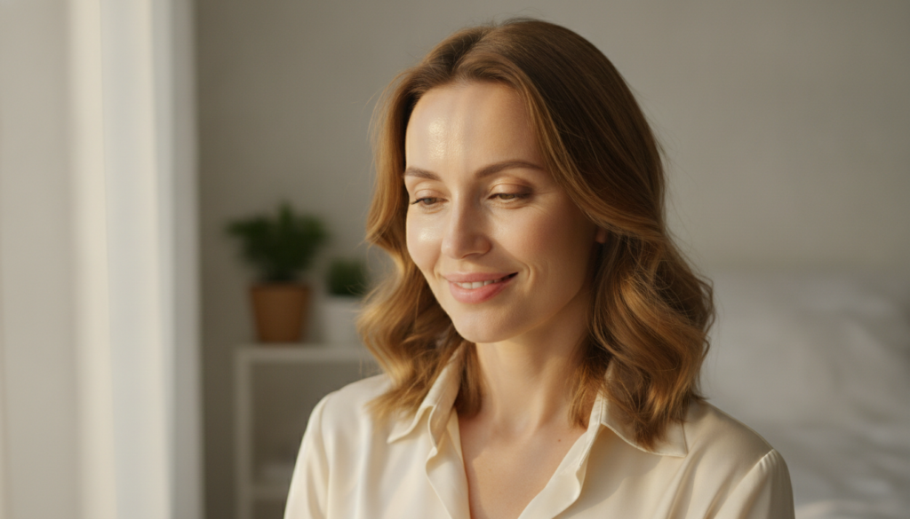 A woman with glowing smooth glass skin complexion looking fresh and radiant