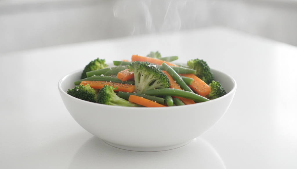 A vibrant steaming bowl of various boiled or steamed vegetables such as bright green broccoli florets orange carrot slic