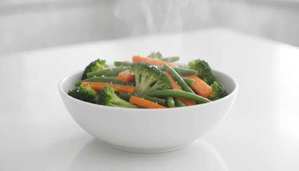 A vibrant steaming bowl of various boiled or steamed vegetables such as bright green broccoli florets orange carrot slic