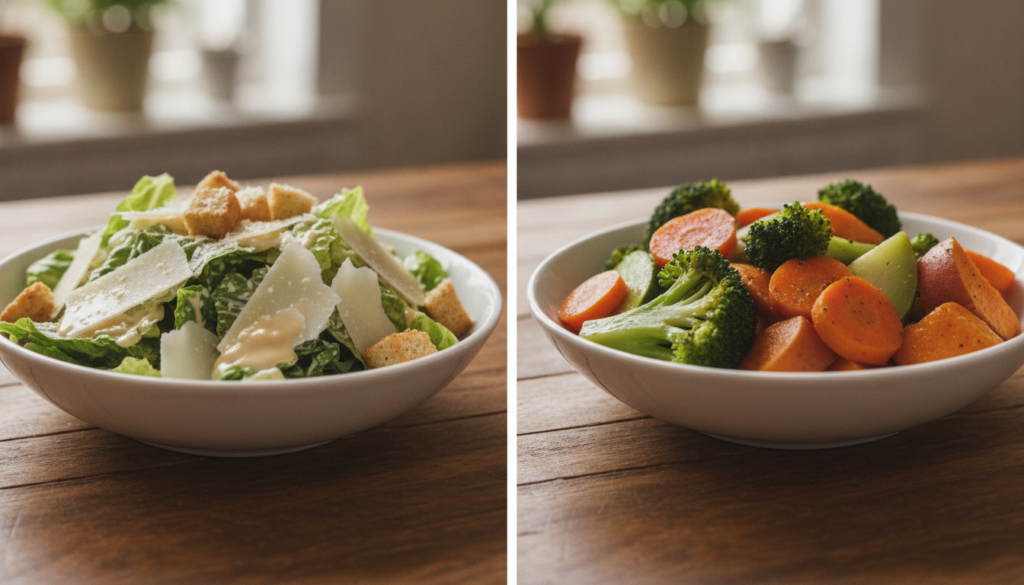 A visually striking side-by-side comparison of a creamy Caesar salad with croutons and a bowl of brightly colored boiled