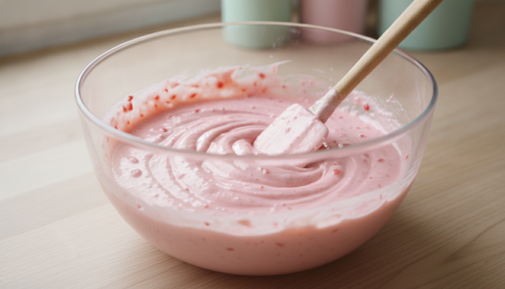 A vibrant pink strawberry cake batter in a glass mixing bowl with a wooden spatula resting in it ready for baking