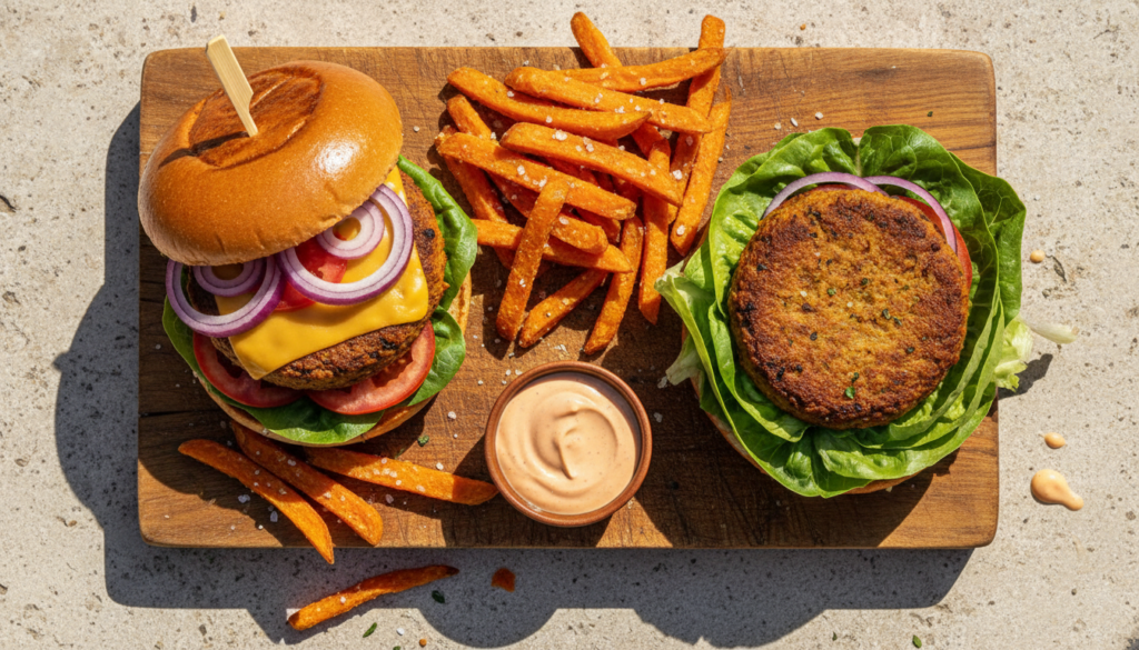A visual comparison showing a traditional burger with a bun next to a burger wrapped in large crisp lettuce leaves Both 