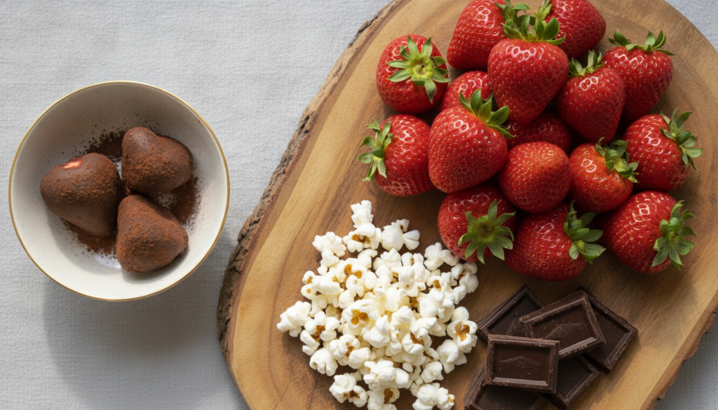 A visual comparison of a small handful of chocolate-covered freeze-dried strawberries next to a large platter featuring 