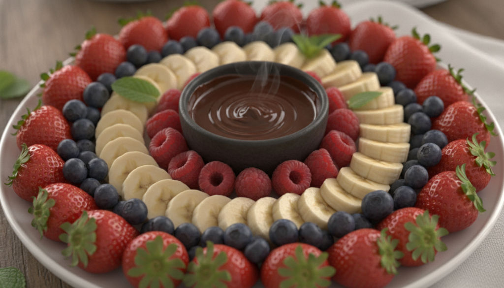 A colorful platter of fresh strawberries blueberries raspberries and banana slices arranged neatly with a small bowl of 