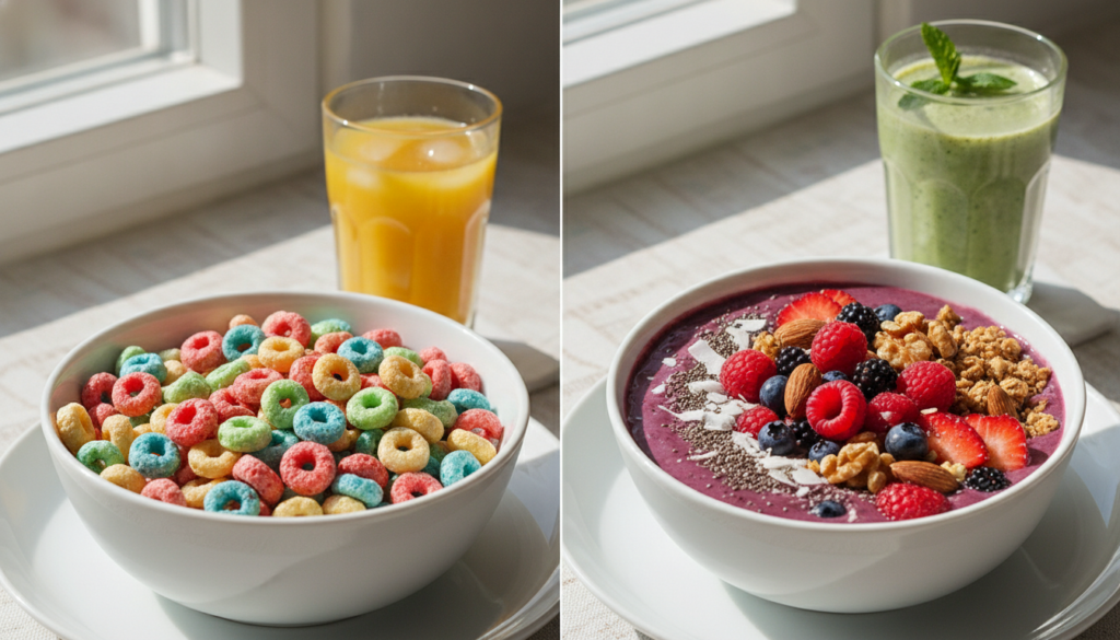 A visual comparison showing two breakfast plates side-by-side One plate features a fake breakfast like sugary cereal wit