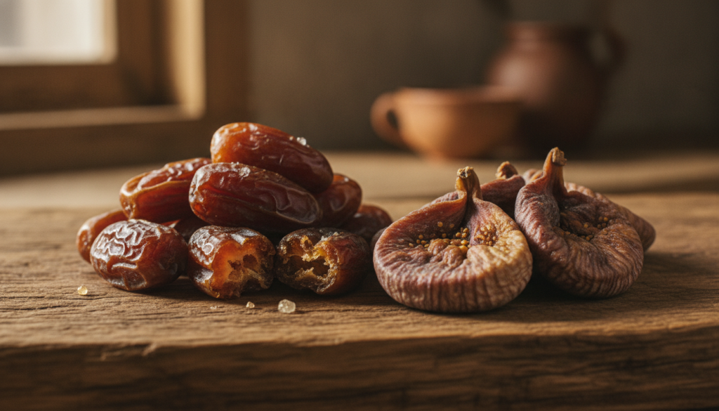 A clear visual comparison between dried dates and dried figs possibly side-by-side on a rustic background Show a few dat