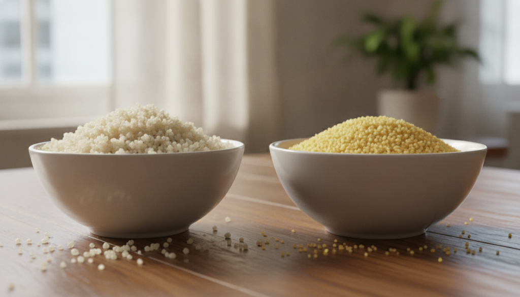 A side-by-side comparison of cooked quinoa and cooked couscous in two separate bowls showcasing their different textures