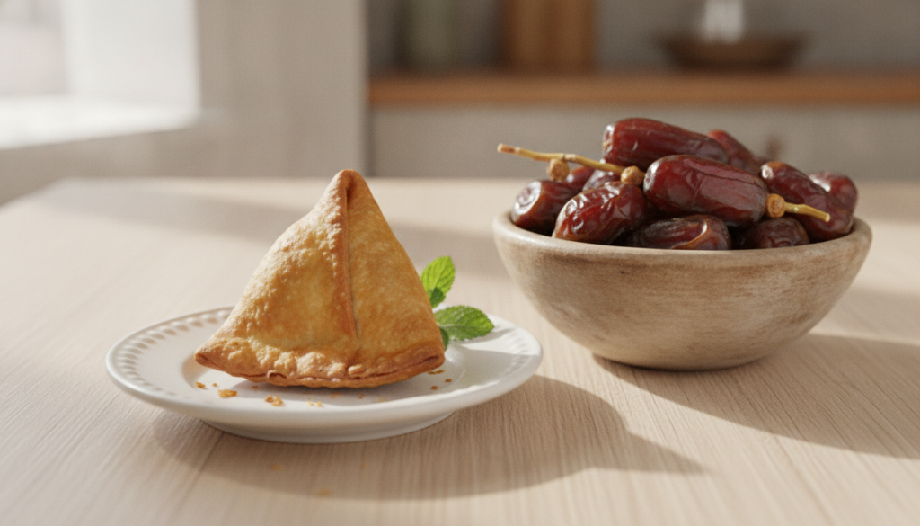 A visual comparison showing a plate with a golden-brown samosa on one side and a bowl of fresh plump dates on the other 