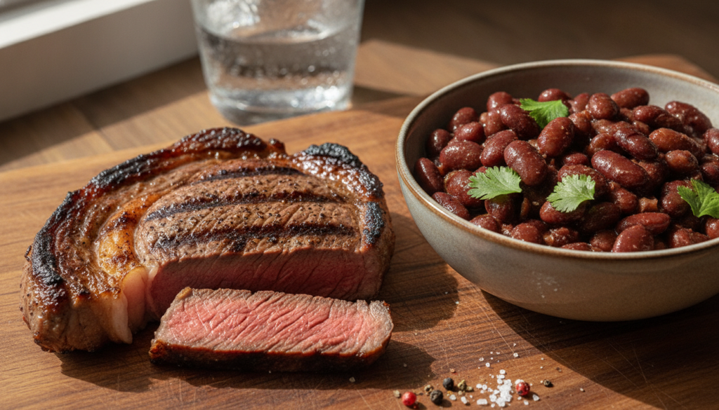 A visual comparison showing a serving of cooked beef next to a serving of cooked kidney beans with nutrient fact labels 