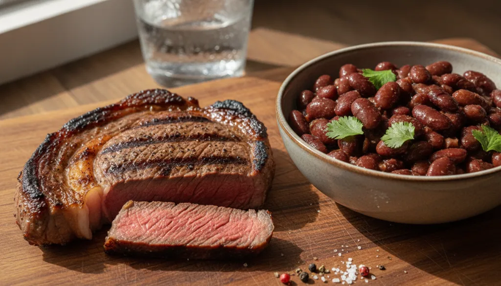 A visual comparison showing a serving of cooked beef next to a serving of cooked kidney beans with nutrient fact labels 