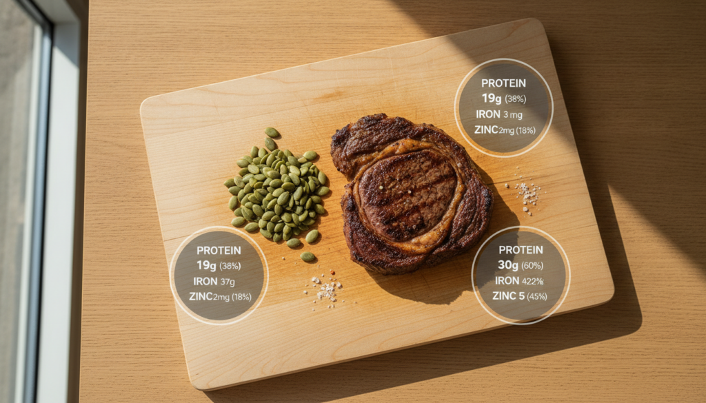 A visual comparison of a small pile of pumpkin seeds next to a cooked steak with infographic elements showing nutritiona