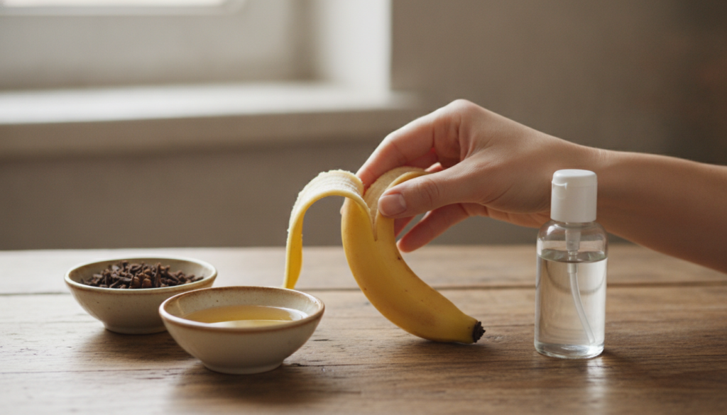 A close-up shot of a hand holding a banana peel with a small bowl of cloves and a bottle of baby oil blurred in the back