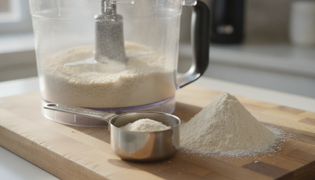 A close-up of a food processor blending rolled oats into a fine flour with a small pile of finished oat flour next to it